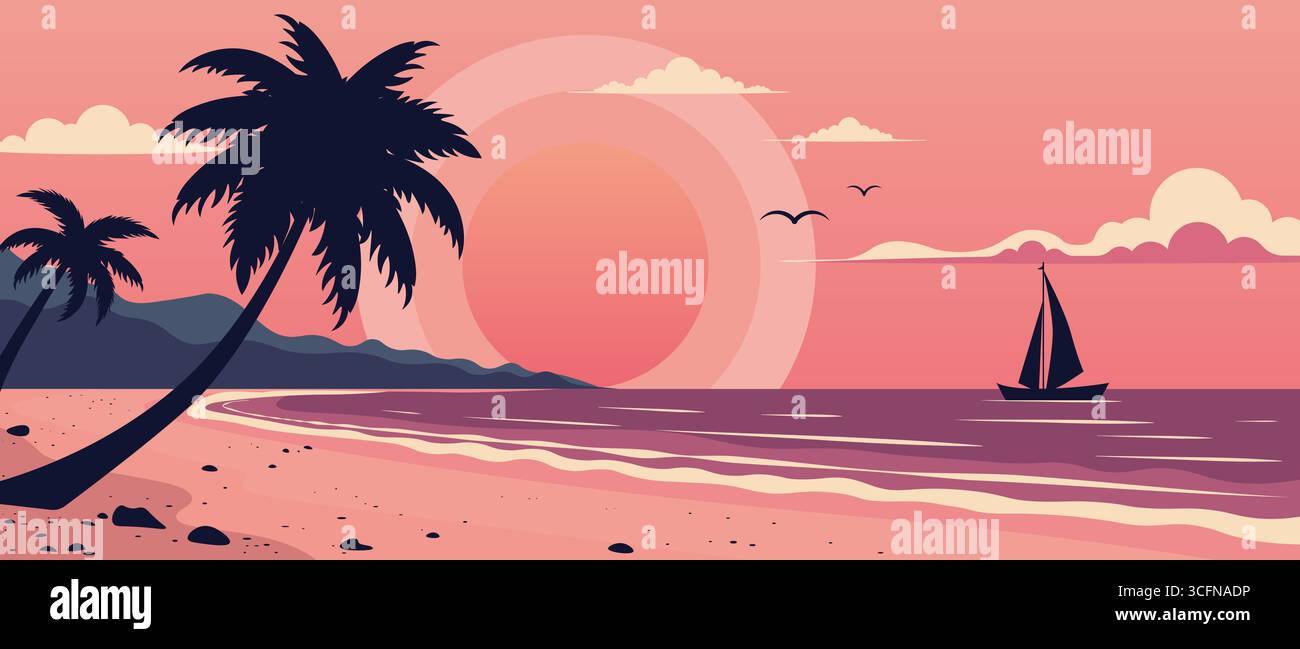 Plage tropicale au coucher du soleil avec des palmiers, vagues calmes de l'océan, montagnes lointaines, et un voilier à l'horizon. Parfait pour les voyages, l'été, les vacances Illustration de Vecteur