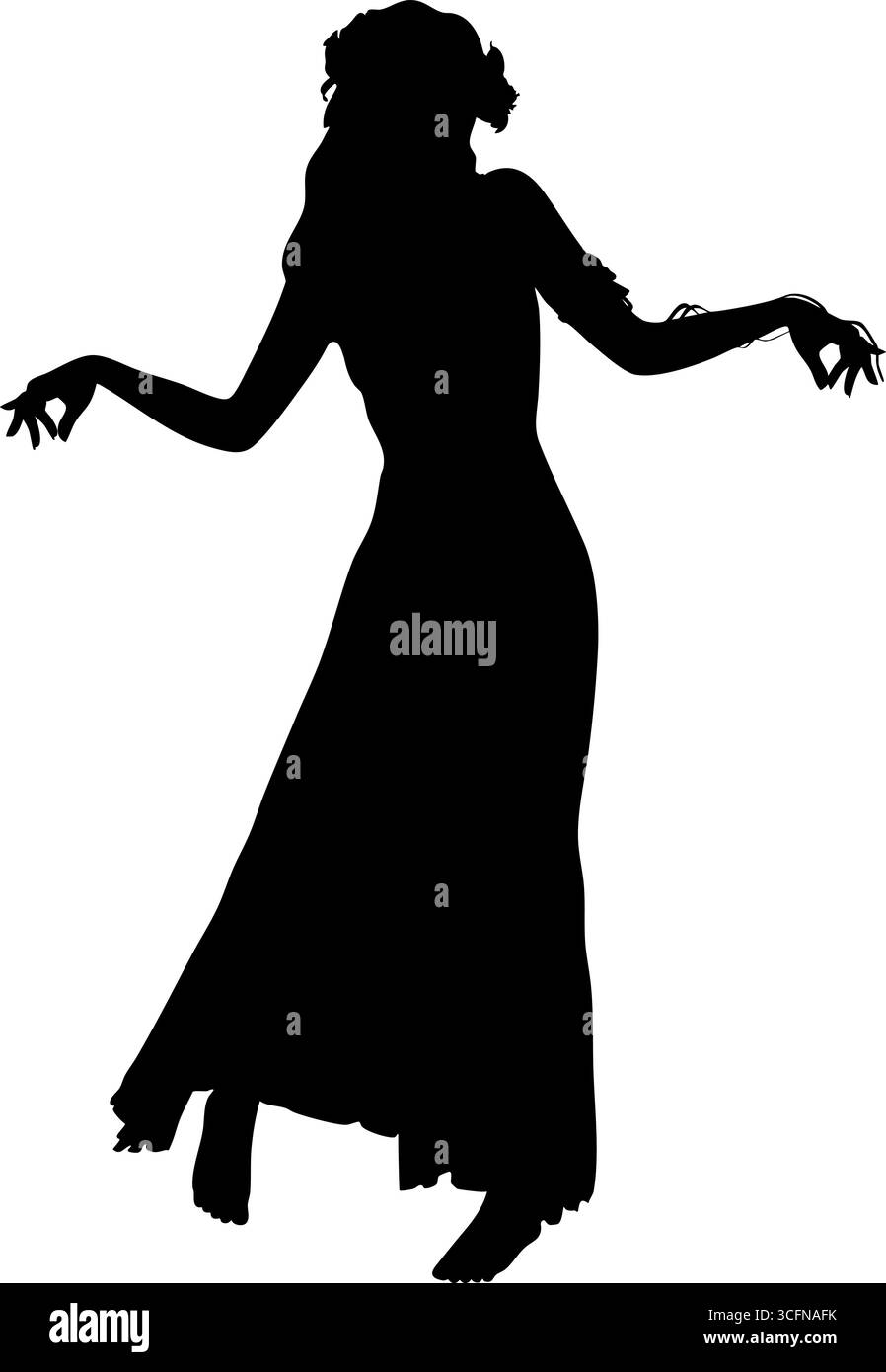 Silhouette noire d'une femme gracieuse portant une robe fluide dans un geste gracieux. Son contour détaillé suggère l'élégance, le mouvement et le p expressif Illustration de Vecteur
