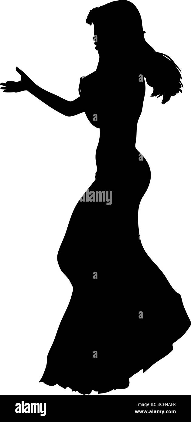 Silhouette noire d'une femme gracieuse portant une robe fluide dans un geste gracieux. Son contour détaillé suggère l'élégance, le mouvement et le p expressif Illustration de Vecteur
