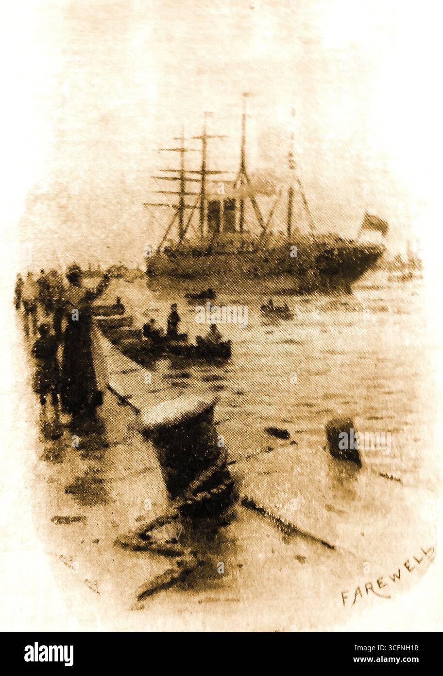 1918, les familles faisant adieu à leurs proches sur un navire émigré quittant un port britannique. Banque D'Images