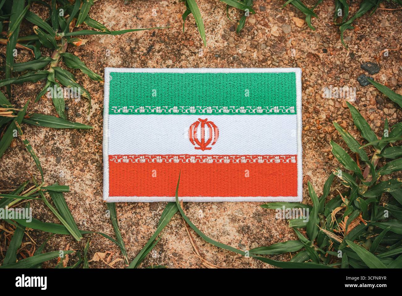 Broderie écologique du drapeau iranien sur la pierre naturelle avec des feuilles vertes dans la forêt, symbolisant le jour de la Terre, la sensibilisation au changement climatique et la durabilité. Banque D'Images