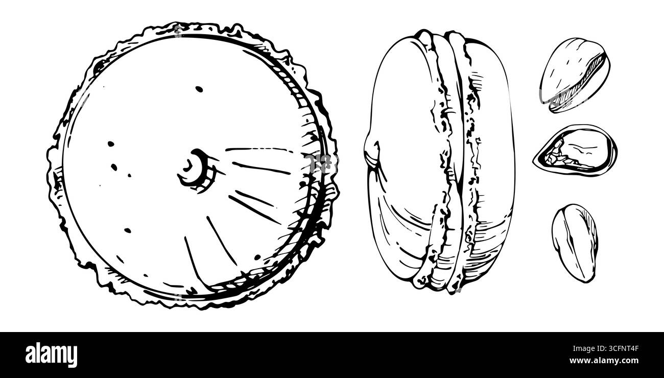 Dragée de bonbons dispersée sur des tartes de lune whoopie et des macarons, biscuits sandwich avec remplissage de crème gonflée dans l'encre vectorielle. Dessert isolé dessiné à la main Illustration de Vecteur