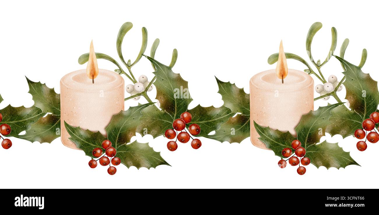 Illustration à l'aquarelle dessinée à la main de bougies allumées avec des feuilles de houx, des baies rouges, du gui. Bordure festive sans couture sur fond blanc. Super fo Banque D'Images