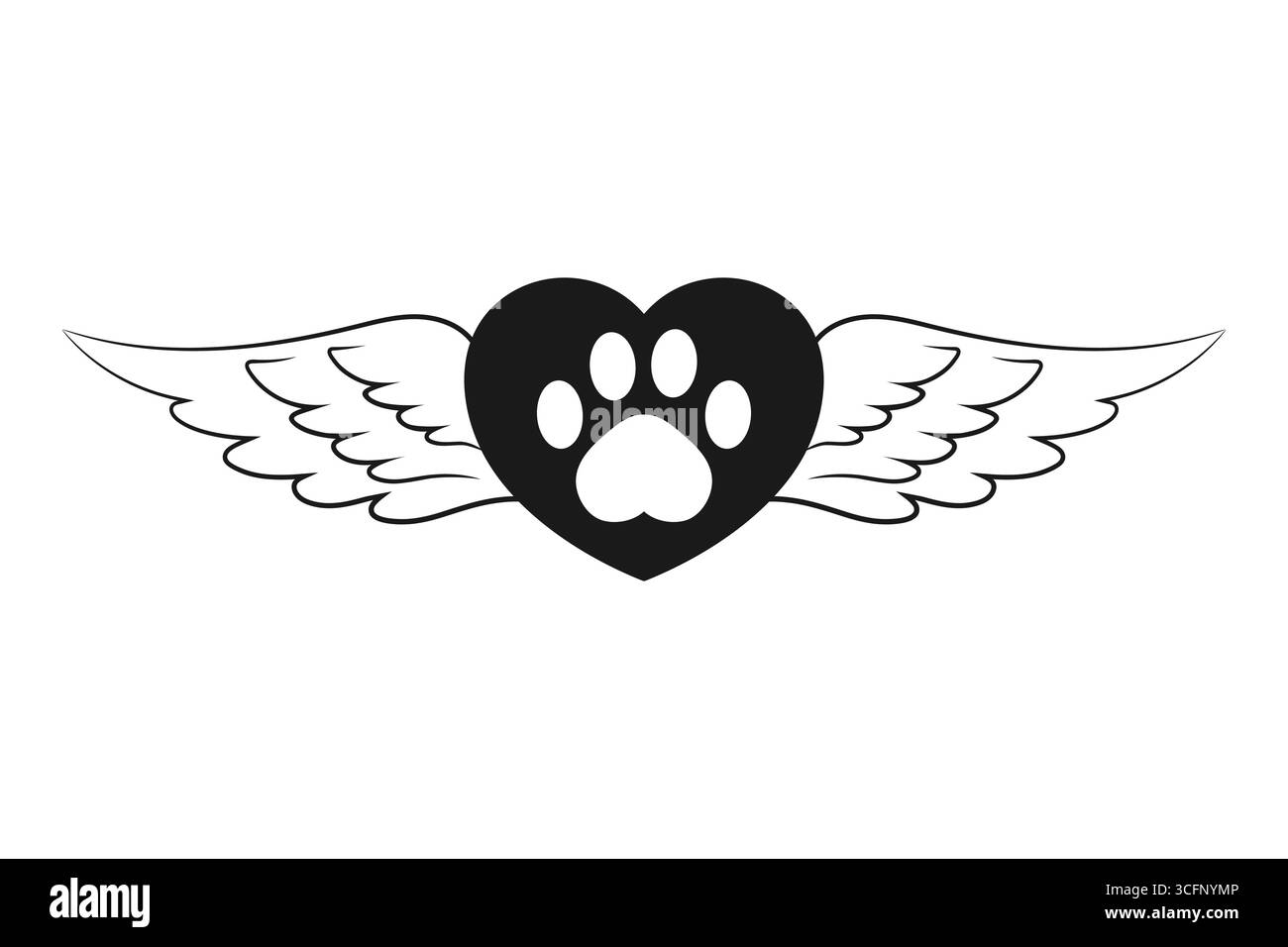 Coeur avec un imprimé patte d'animal de compagnie décoré d'ailes. Mémoire d'animal de compagnie et emblème d'amour. Angel Pet. Illustration vectorielle Illustration de Vecteur