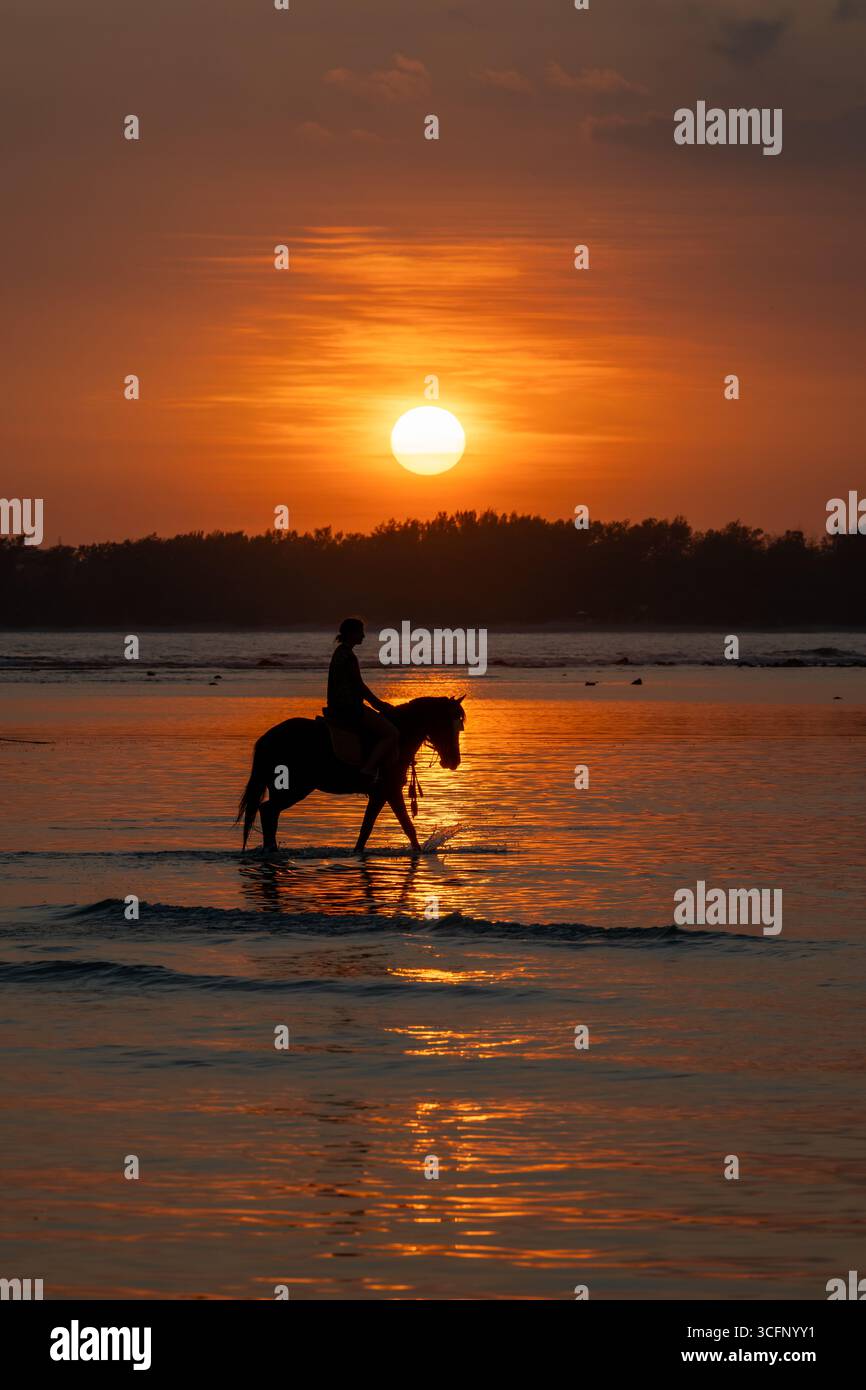 Silhouette spectaculaire d'un cavalier à cheval pataugant dans les eaux peu profondes avec un coucher de soleil orange vif et un ciel nuageux au-dessus de Gili Air, Indonésie. Banque D'Images