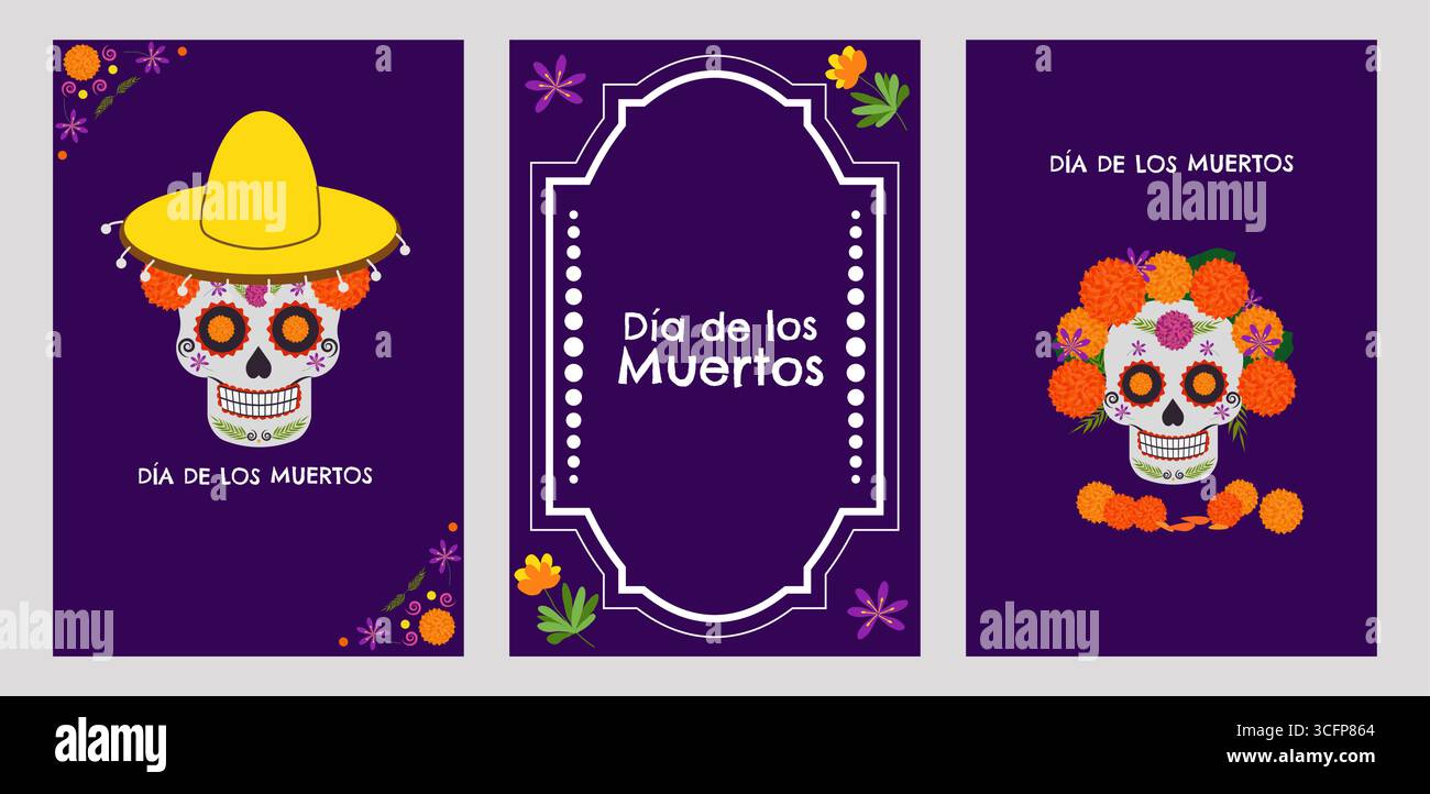 Set d'affiches Day of the Dead Mexico. Fête nationale le 16 septembre, Cinco de Mayo. Dia de Los Muertos. Fleurs mexicaines colorées. Carte de voeux de la circulaire de fête avec affiche de la Fiesta. Illustration vectorielle Illustration de Vecteur
