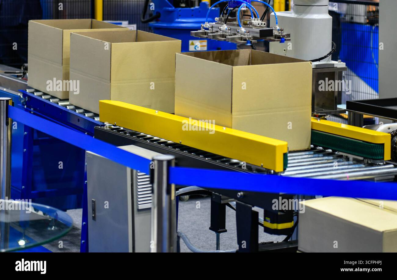 Boîtes en carton sur le tapis roulant concept de système de transport de colis Banque D'Images