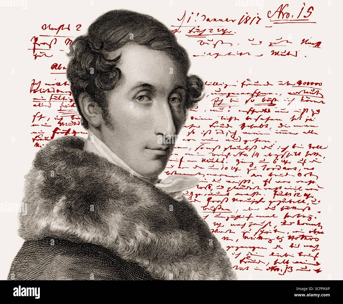 Portrait de Carl Maria von Weber, 1786 - 1826, compositeur, chef d'orchestre et pianiste allemand, voeux du nouvel an à son épouse Caroline Elisabeth Antoinette Brandt, 1817, édité numériquement Banque D'Images
