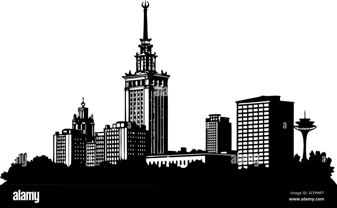 Silhouette du palais de la culture et de la science à Varsovie isolé sur fond blanc montre l'horizon de la ville Illustration de Vecteur