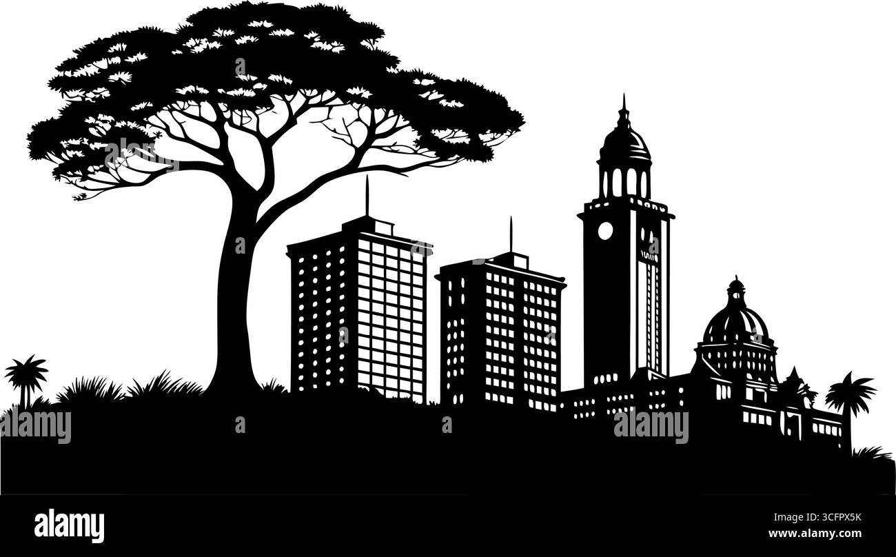 Silhouette d'horizon de la ville avec des bâtiments, des arbres et des points de repère isolés sur fond blanc Illustration de Vecteur