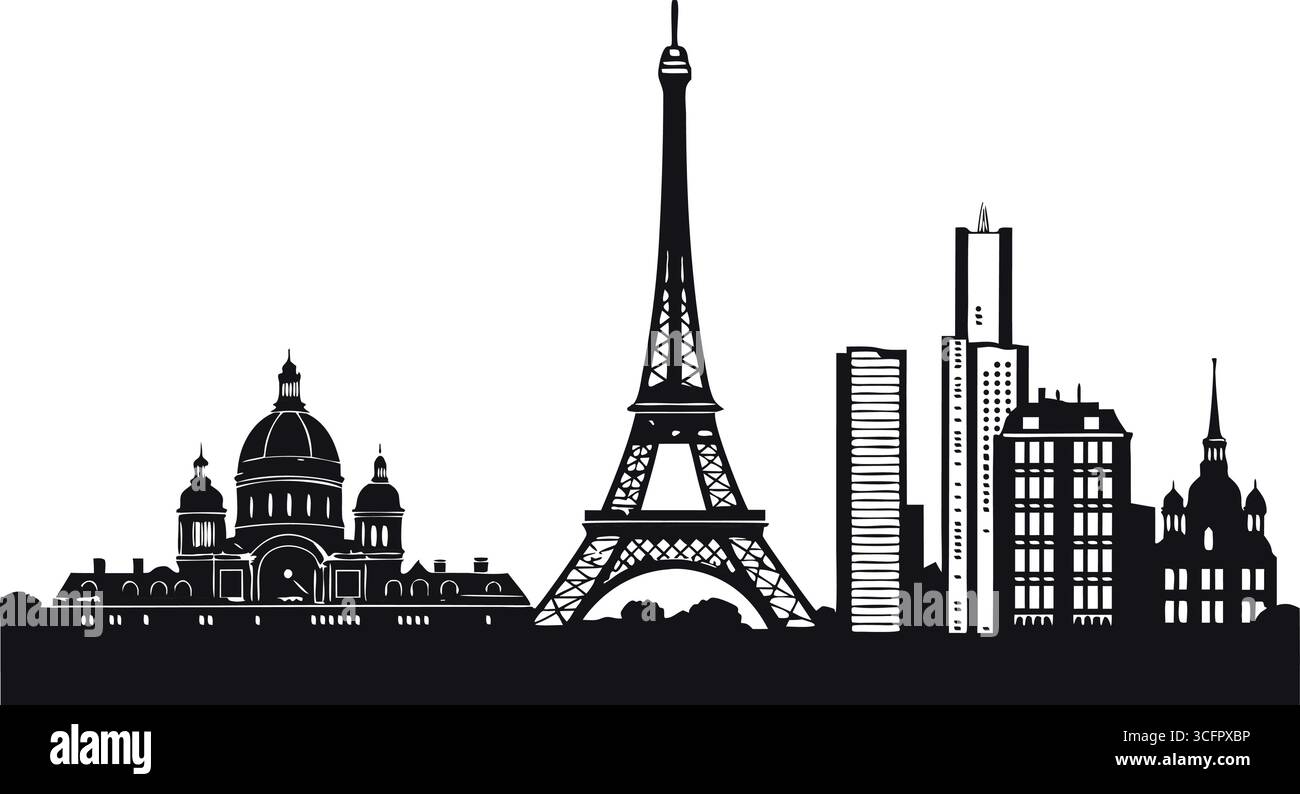 Silhouette d'horizon de Paris avec tour eiffel et sacrcur isolé sur fond blanc, une illustration vectorielle Illustration de Vecteur