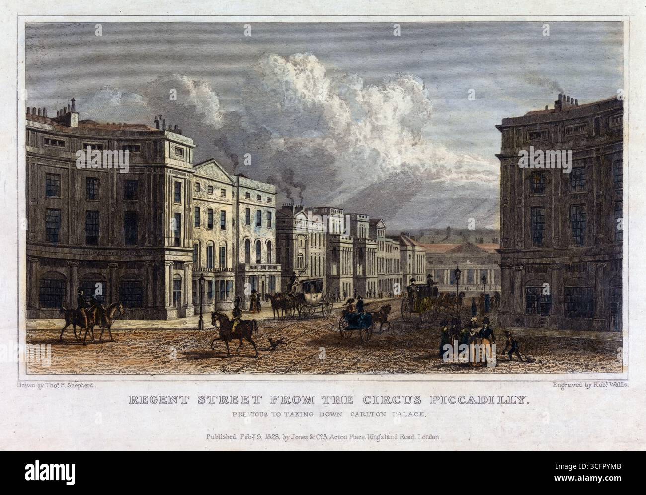 Gravure en couleur de Regent Street du Piccadilly Circus London en 1828 par Robert Wallis d'après Thomas Hosmer Shepherd du XIXe siècle, horizon de l'ère géorgienne et perspective historique du paysage urbain gravure aquarelle ancienne impression ancienne vue vintage. Des bâtiments élégants bordent la rue tandis que des personnages et des calèches animent le boulevard. Banque D'Images