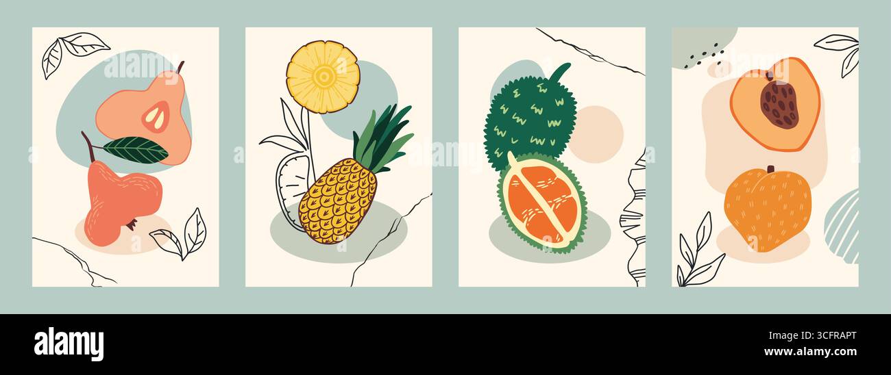 Fruits tropicaux. Poire fraîche, pêche et ananas. Design tendance d'affiche ou de carte. Durian exotique. Imprimé estival contemporain. Griffonner les formes. Illustration moderne de style plat de dessin animé de vecteur abstrait Illustration de Vecteur