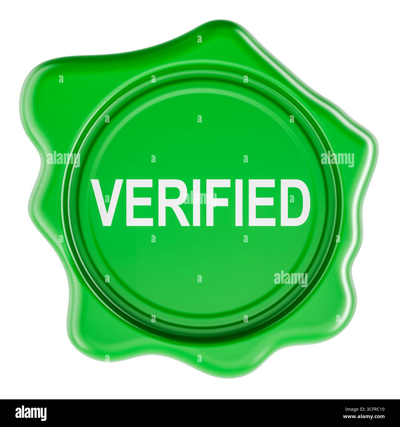 Sceau de cire vert vérifié. Rendu 3D isolé sur fond blanc Banque D'Images