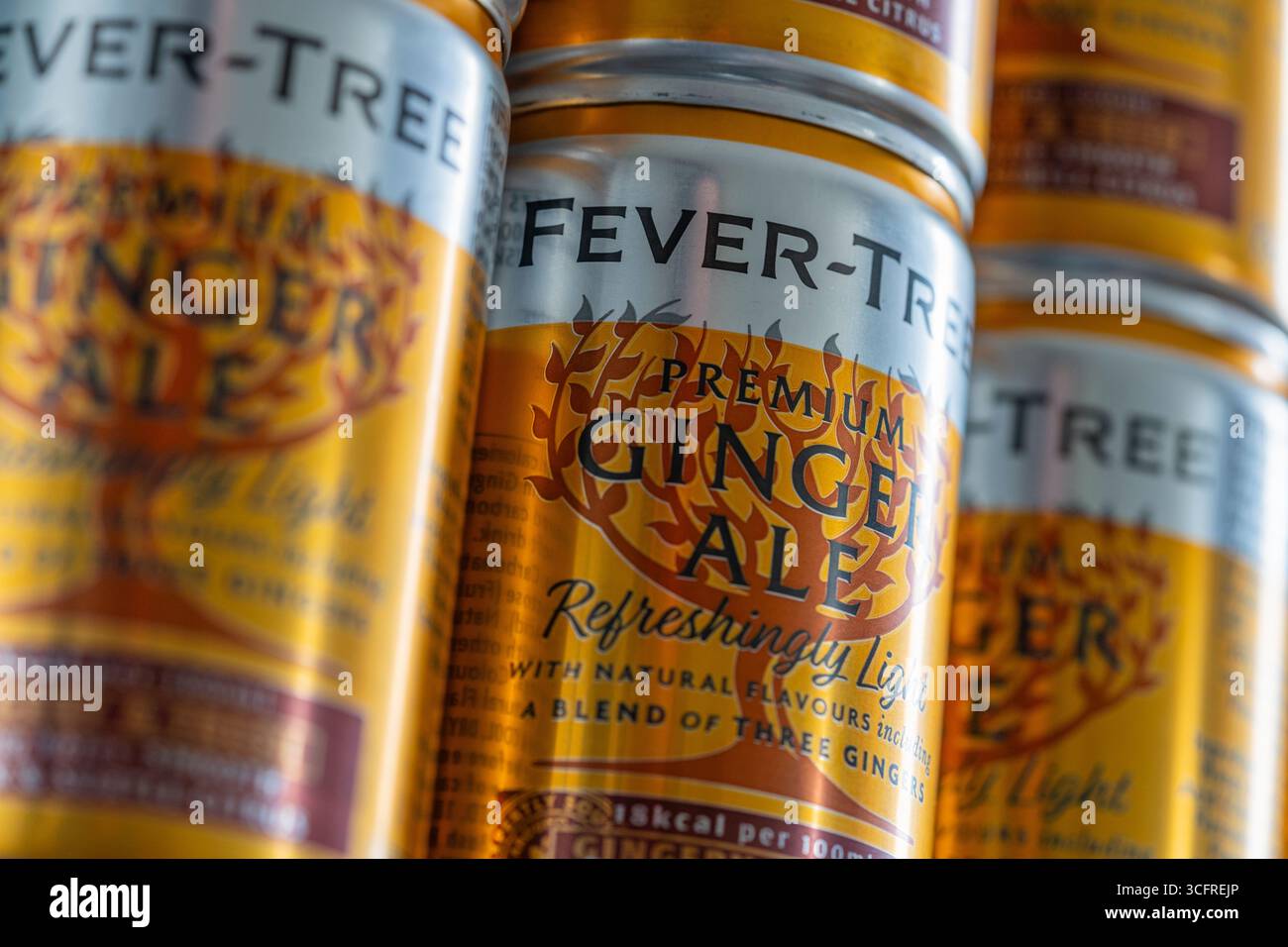 Gros plan des boîtes de bière au gingembre Fever Tree. Fever Tree fabrique et distribue des mélangeurs gazéifiés haut de gamme pour spiritueux alcoolisés avec des ingrédients naturels Banque D'Images