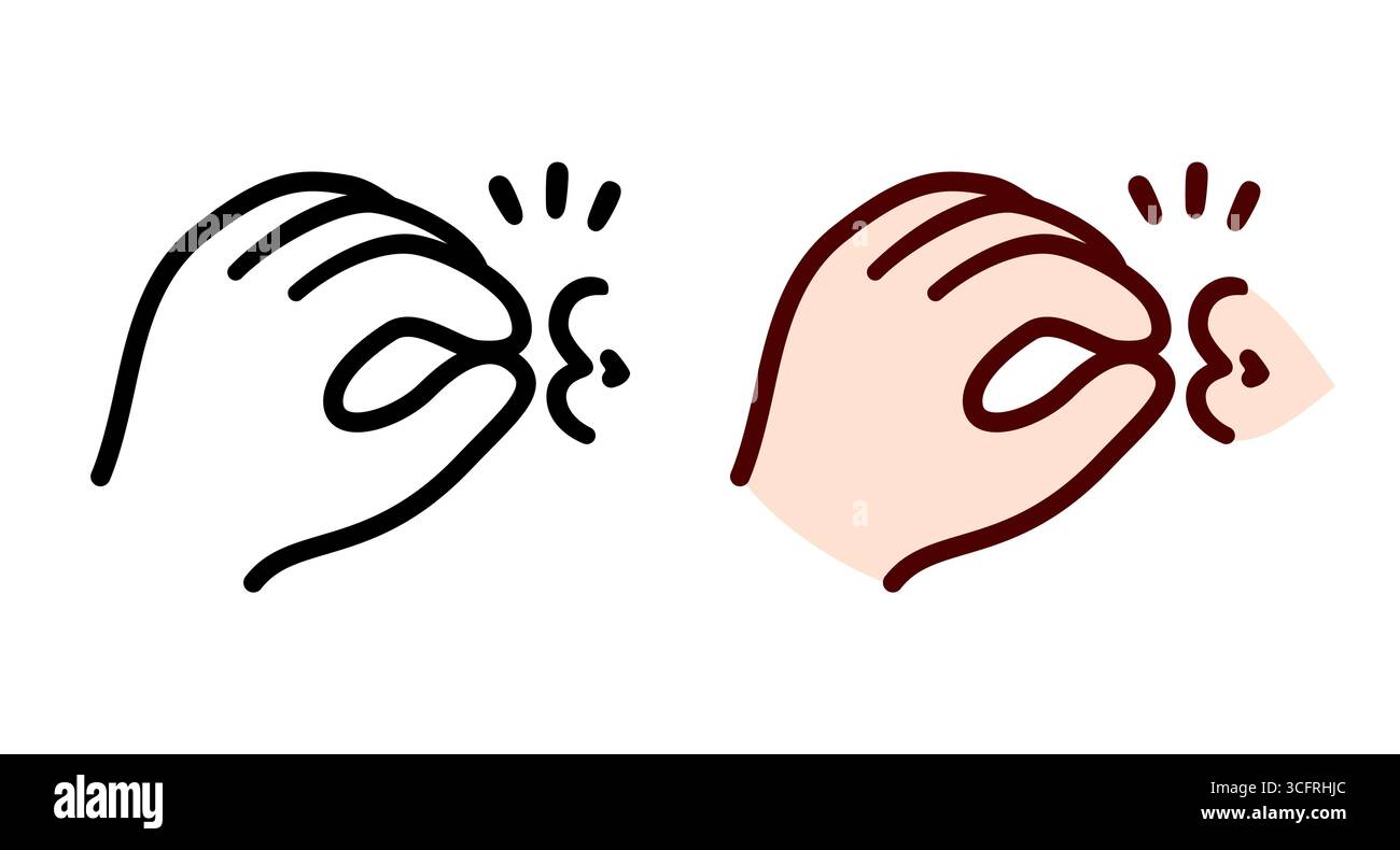 Mignonne main de dessin animé faisant le geste de baiser du chef, lèvres embrassant les doigts. Icône de ligne noir et blanc et dessin en couleur. Illustration clip art vectorielle simple. Illustration de Vecteur