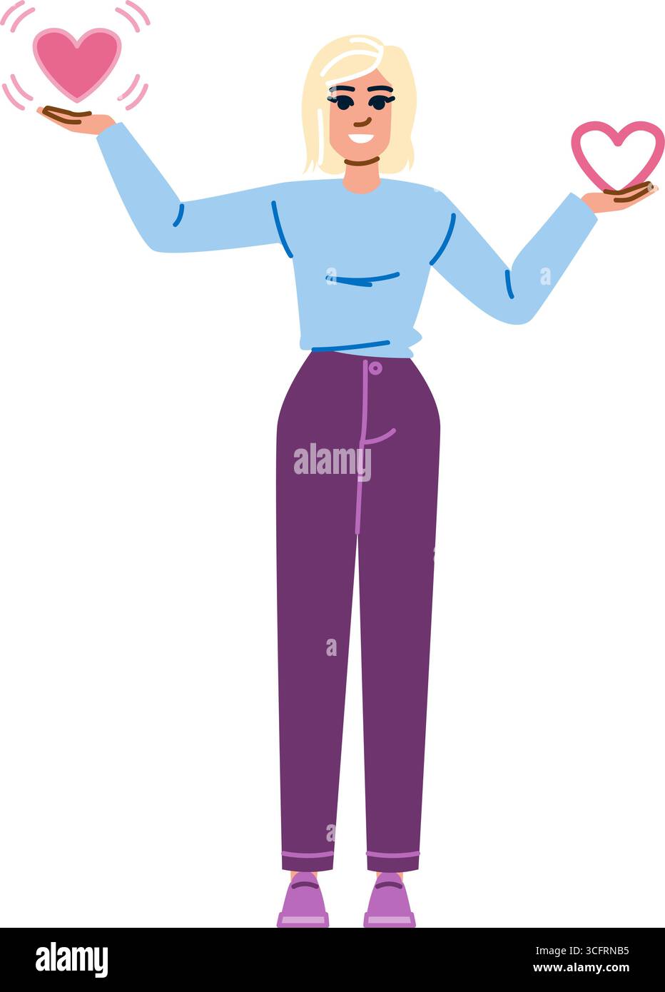 Femme montrant des icônes vibrantes et statiques de coeur représentant l'amour et l'affection Illustration de Vecteur