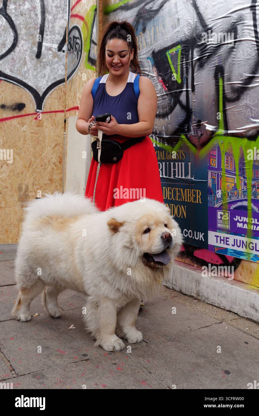 Femme avec un très grand chien à fourrure se tient dans un endroit calme pendant le Carnaval de Notting Hill, Londres. Angleterre le 24 août 2025 Banque D'Images
