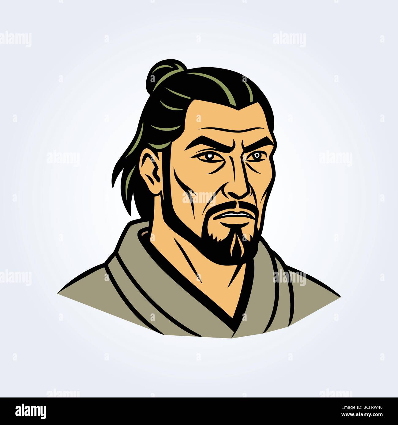 Illustration de personnage d'un samouraï dans un costume gris avec de longs cheveux et un visage sérieux Illustration de Vecteur