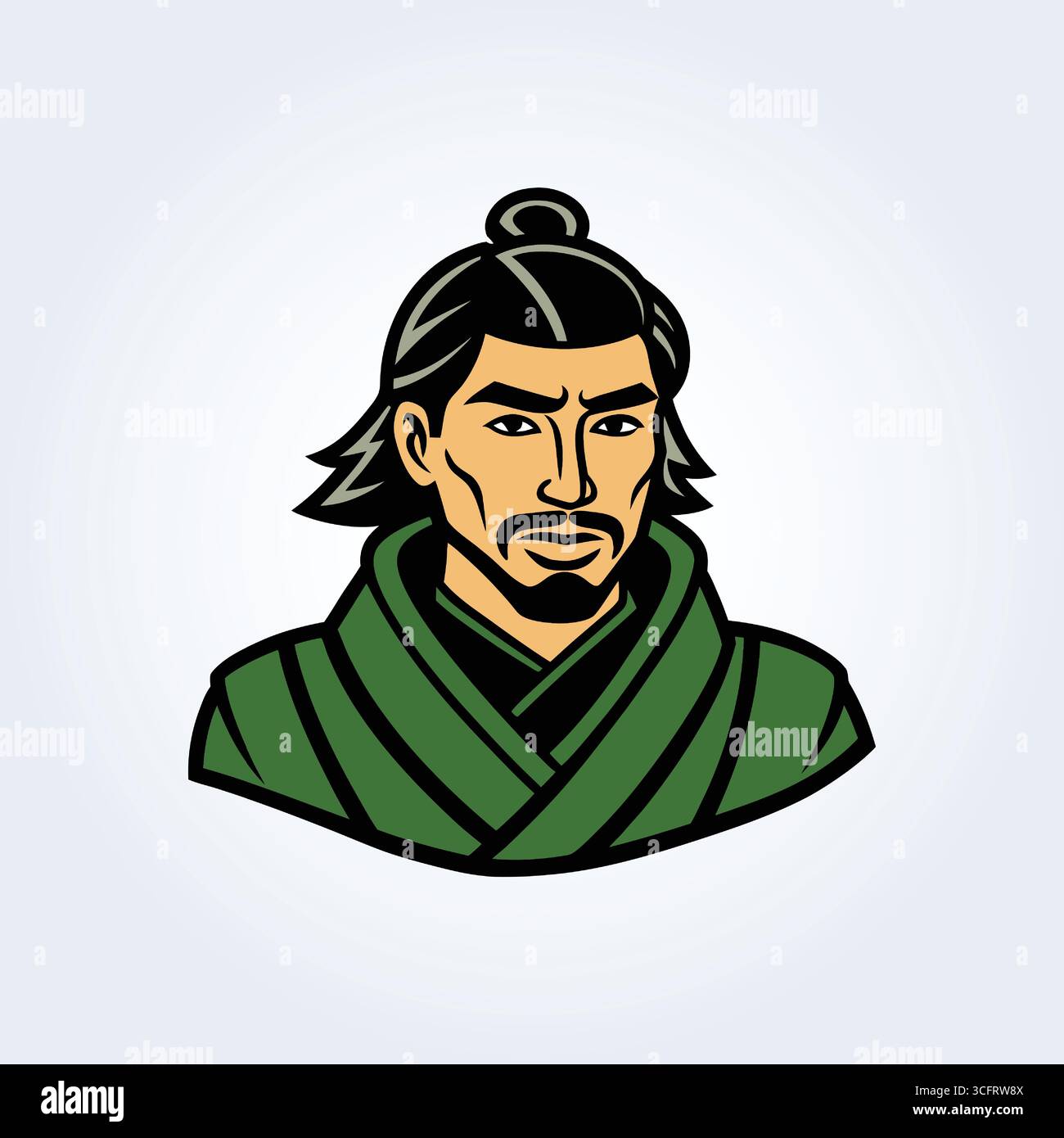 Illustration de personnage d'un samouraï dans un costume vert avec de longs cheveux et un visage sérieux Illustration de Vecteur