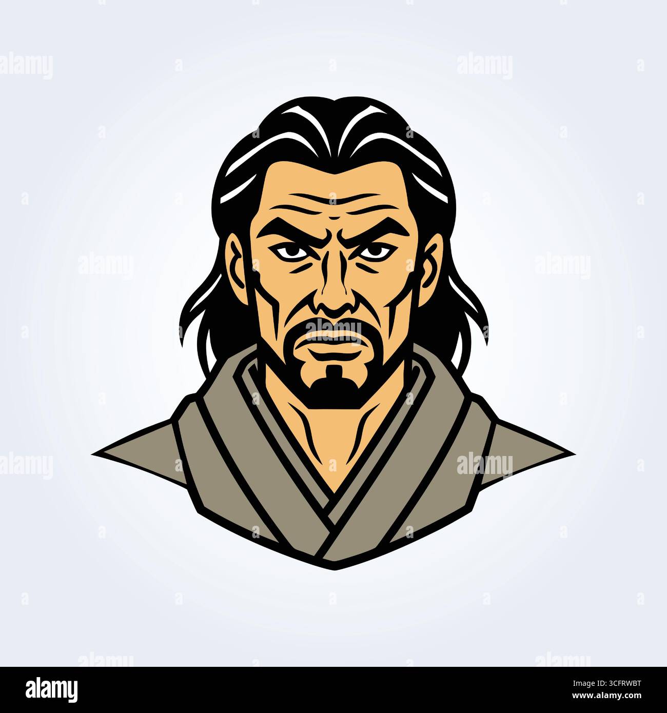 Illustration de personnage d'un samouraï dans un costume gris avec de longs cheveux Illustration de Vecteur