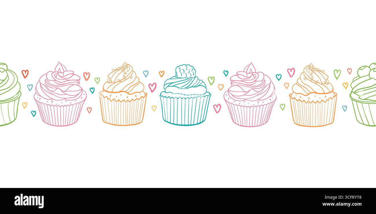 Motif sans couture de vecteur de cupcakes dessinés à la main mignon, fond de bordure doux avec des gâteaux et des coeurs, idéal pour les textiles, les bannières, les papiers peints, l'emballage Illustration de Vecteur