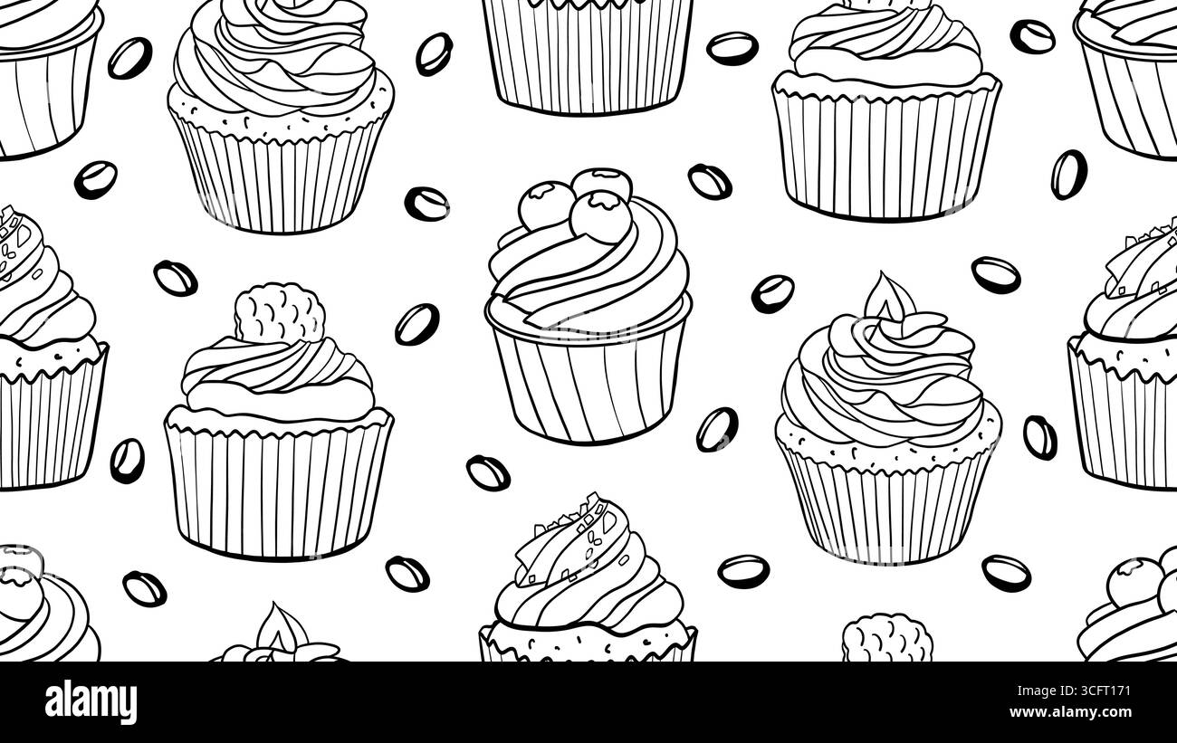 Cupcakes à la crème, framboise, ganache et pépites de chocolat. Dessin de style Doodle. Motif sans couture vectoriel. Desserts de vacances, pâtisseries. Conception pour wra Illustration de Vecteur