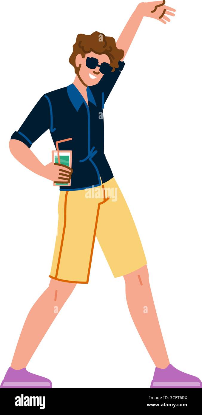 Jeune homme dansant et buvant cocktail à la fête de plage Illustration de Vecteur