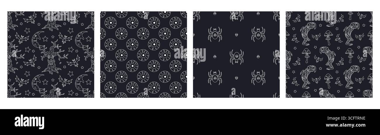Ensemble de 4 motifs sans couture noir et blanc avec de mignons motifs d'Halloween dessinés à la main Illustration de Vecteur