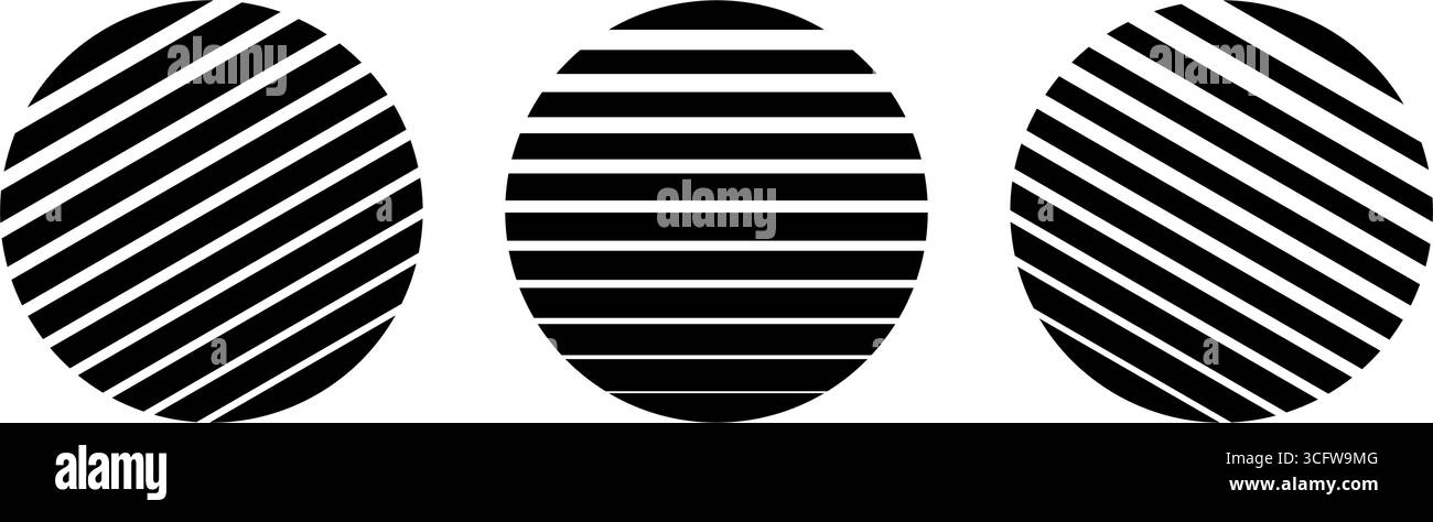 Cercles rayés noirs isolés sur fond blanc. Formes rondes striées. Icônes de lune, de lever ou de coucher de soleil. Éléments géométriques minimalistes. Illustration graphique vectorielle. Illustration de Vecteur