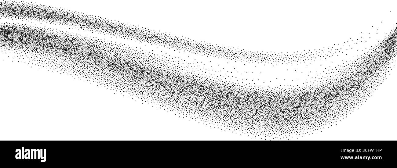 Texture de grain à gradient d'onde. Fond de ligne courbe pointillée noire. Toile de fond de sable lisse ondulée avec des taches, des particules, des granules. Fond d'écran grunge à points de bruit pour bannière, affiche, brochure. Vecteur Illustration de Vecteur