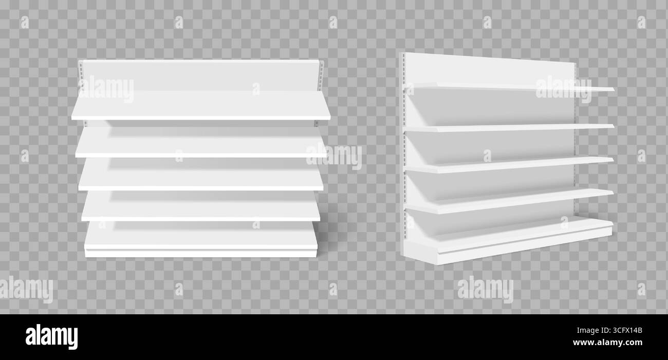 Étagères de magasin blanches vides avec supports métalliques pour supermarché ou affichage de détail - vue avant et latérale avec plusieurs niveaux. Nettoyer les meubles de rangement modernes pour les produits et la disposition des marchandises. Illustration de Vecteur