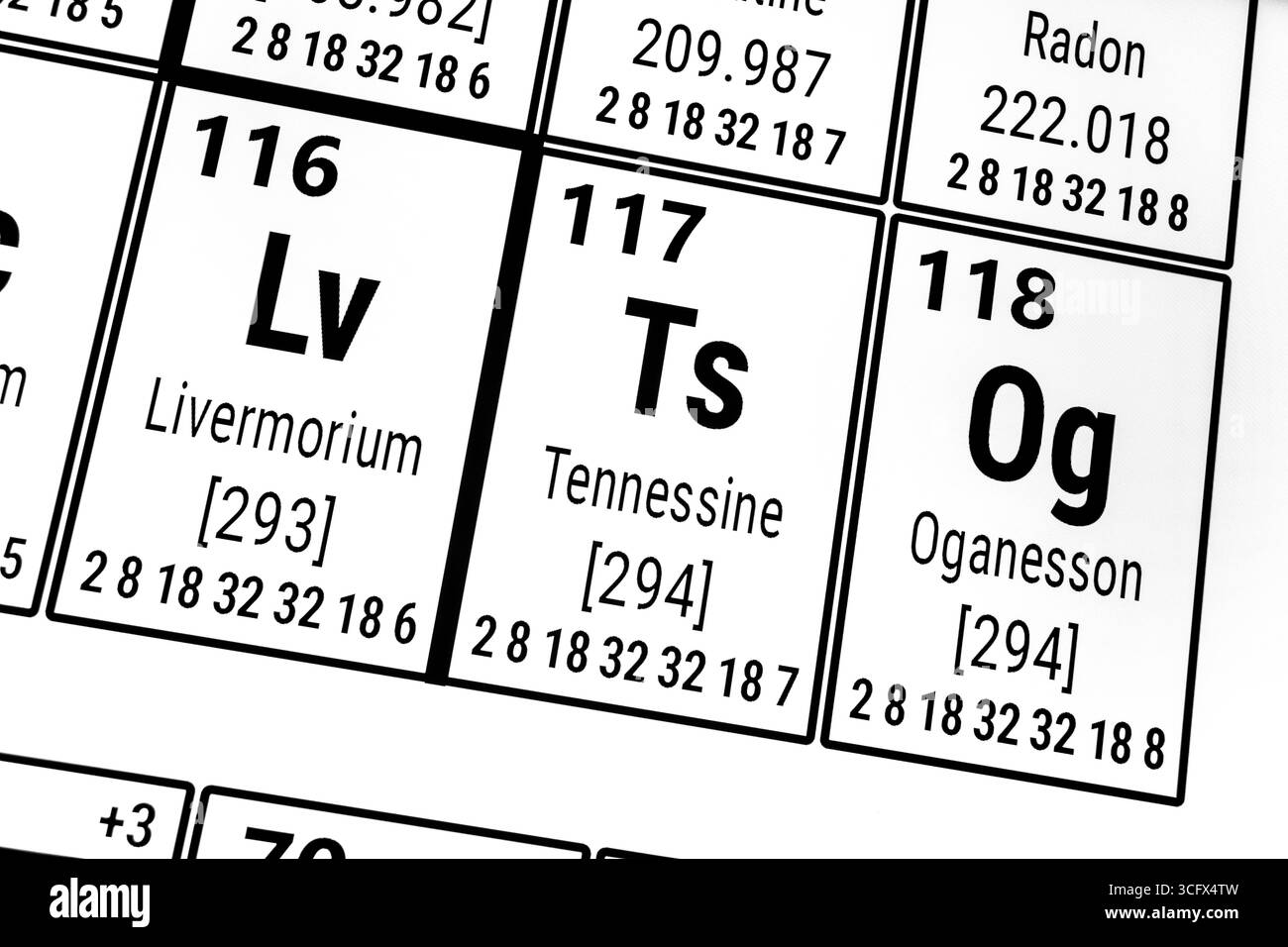 Tableau périodique des éléments : Livermorium, Tennessine, Oganesson Banque D'Images