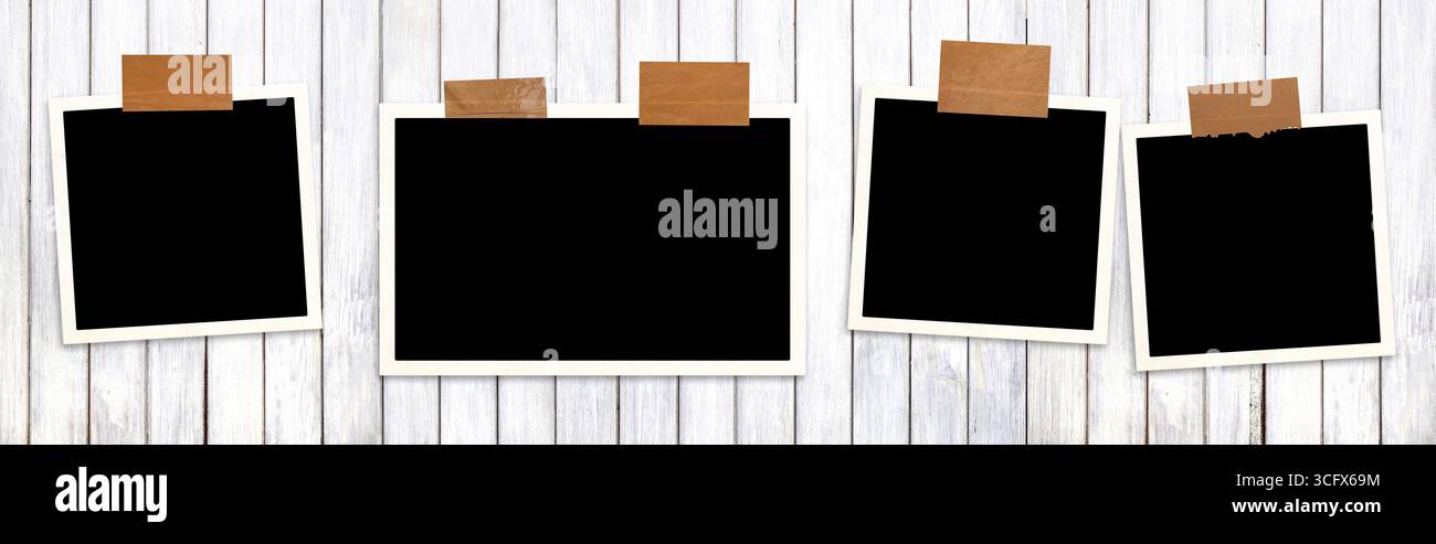 Quatre photos de cadre avec bandes adhésives au mur de stuc. Bannière horizontale avec une grille d'album photos pour scrapbooking. Style vintage Mood bo Banque D'Images