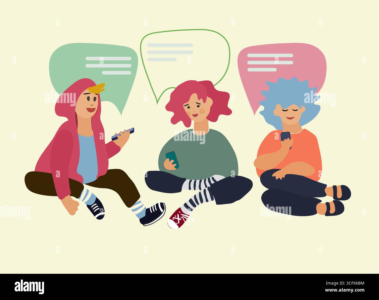 Les enfants utilisent des téléphones pour discuter entre eux. Illustration vectorielle dans un style plat. Concept de réseau social. Concept d'applications de messagerie. Accro aux smartphones Illustration de Vecteur
