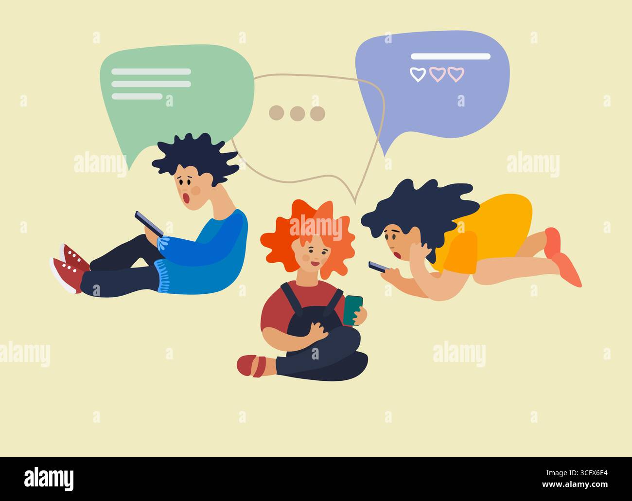 Les enfants utilisent des téléphones pour discuter entre eux. Illustration vectorielle dans un style plat. Concept de réseau social. Concept d'applications de messagerie. Accro aux smartphones Illustration de Vecteur