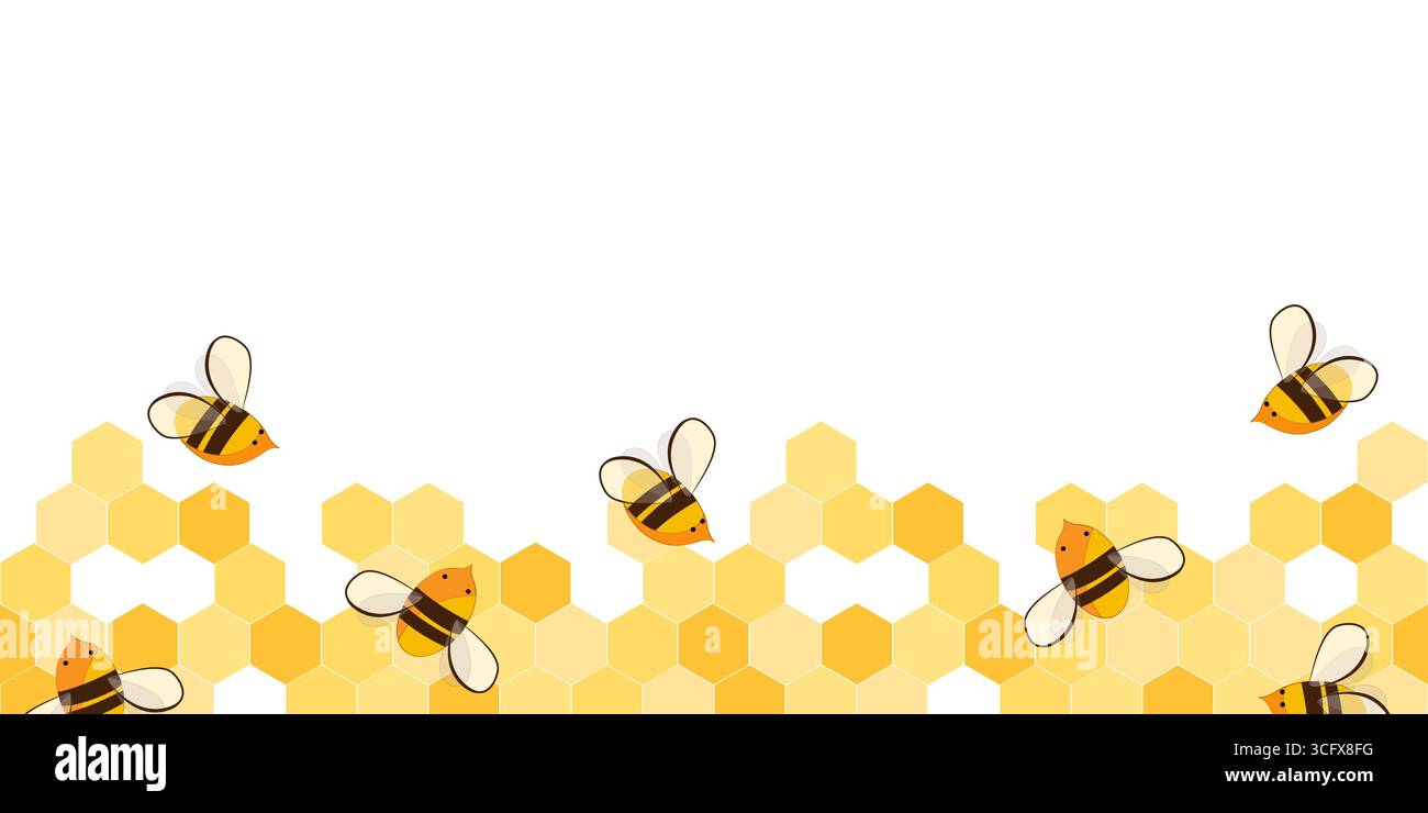 Motif de bordure sans couture avec nid d'abeilles et abeilles de miel. Conception de cadre d'apiculture mignon isolé sur fond blanc. Illustration vectorielle. Illustration de Vecteur