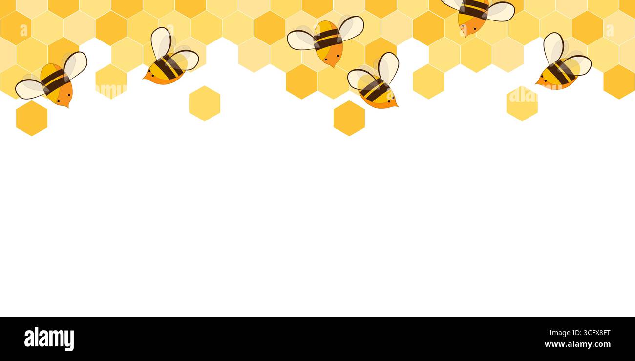 Motif de bordure sans couture avec nid d'abeilles et abeilles de miel. Conception de cadre d'apiculture mignon isolé sur fond blanc. Illustration vectorielle. Illustration de Vecteur