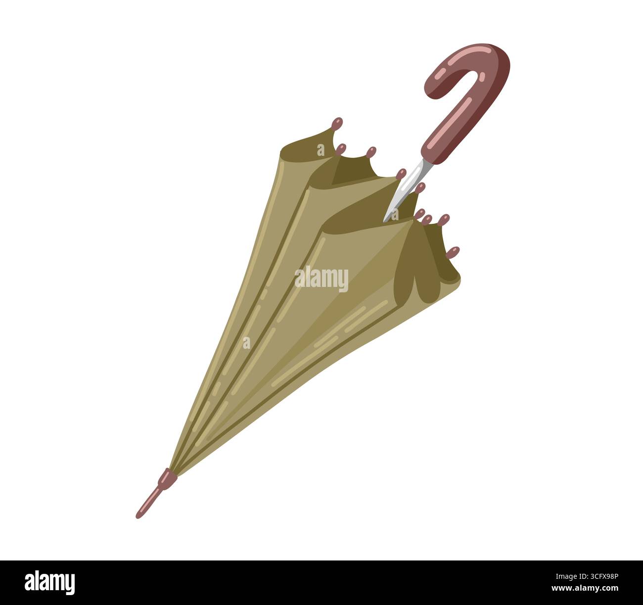 Canne de parapluie pliée gris-vert isolée sur blanc Illustration de Vecteur
