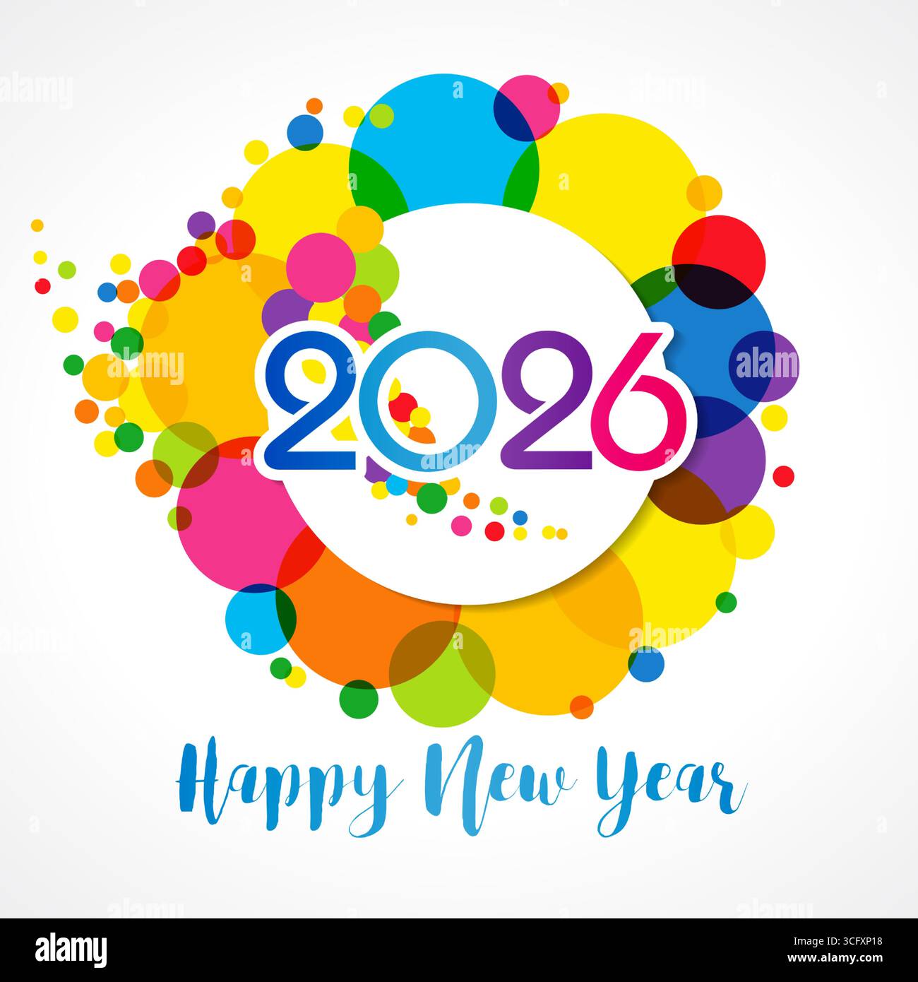 Bonne année 2026 label créatif. Cercle coloré, élément graphique en papier 3D, conception de boule de Noël. Icône Web, fond blanc. Carte de voeux carrée Illustration de Vecteur