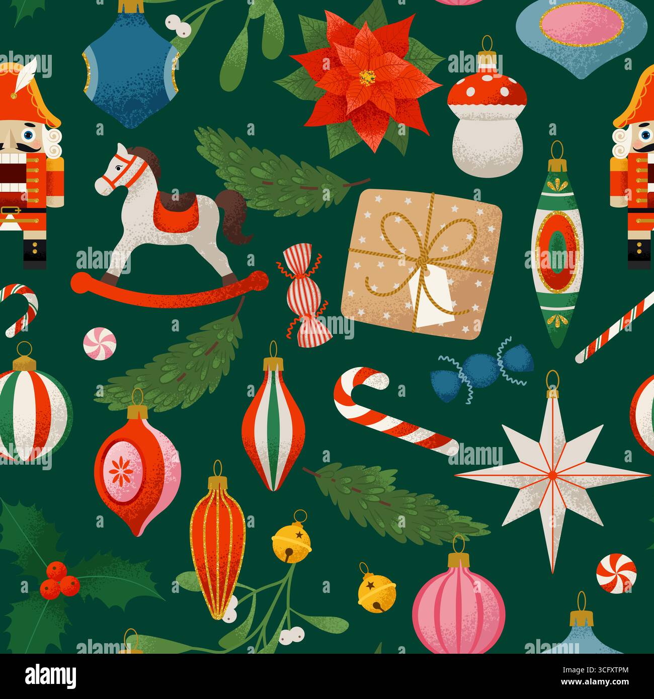 Modèle sans couture de Noël avec jouets de Noël vintage, ornements et cadeaux. Style rétro tendance. Conception vectorielle Illustration de Vecteur