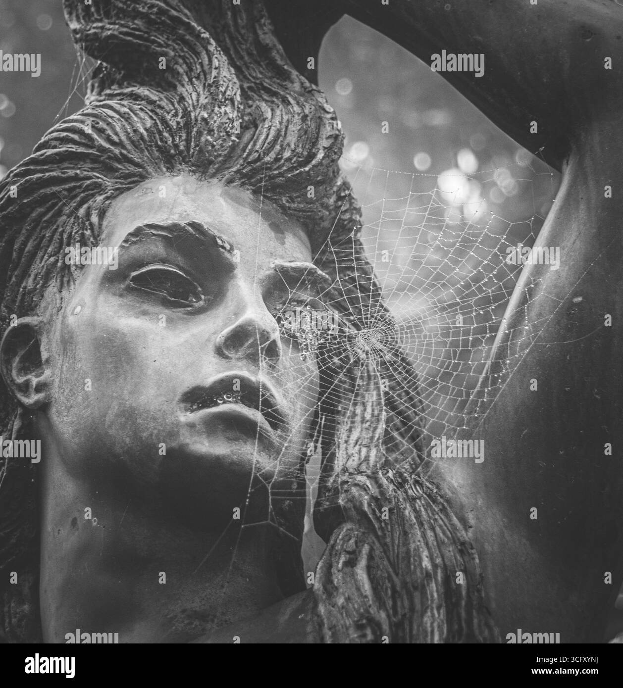 Le visage d'une statue avec une toile d'araignée couvrant un côté. Banque D'Images