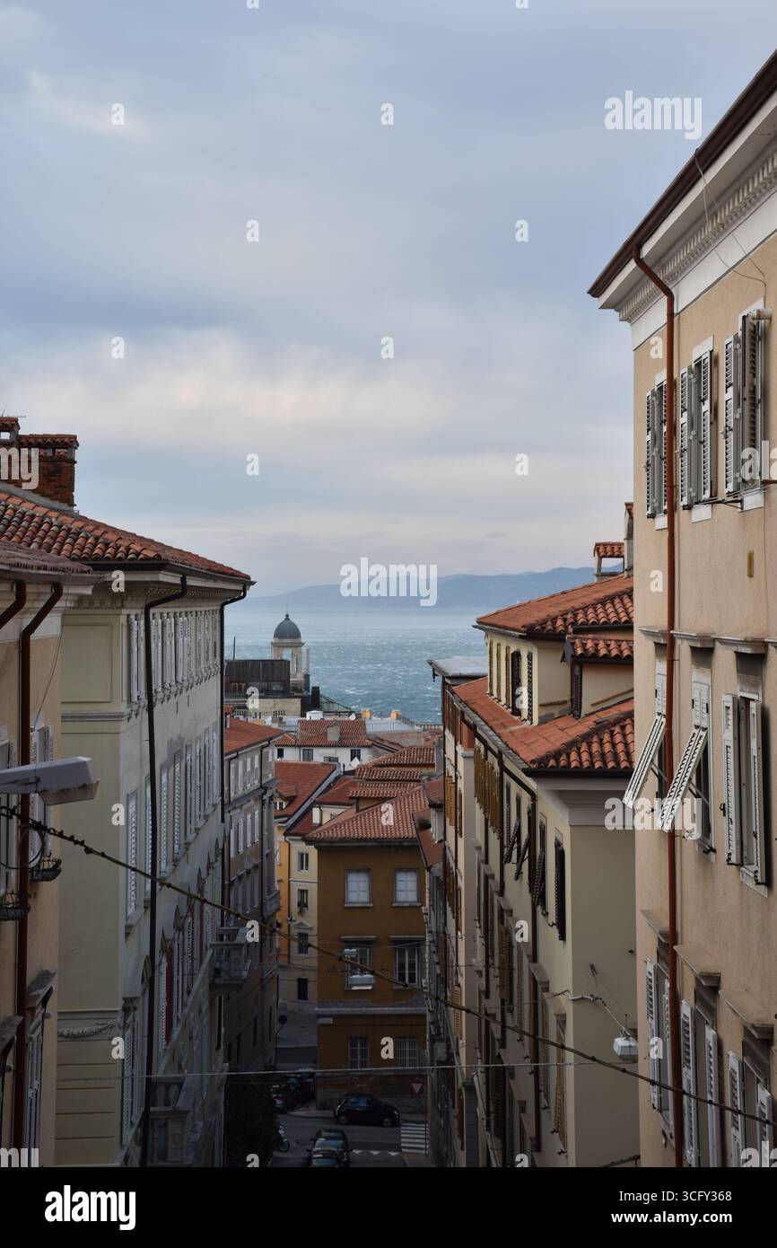 Trieste avec vue sur la mer. Les rafales de vent de Bora créent des ondulations à la surface de l'eau, capturant un moment typique et emblématique de la ville. Banque D'Images