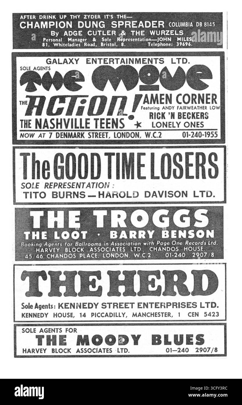 Annonces de groupe de 1966 papier de musique. Les Wurzels, le Move, l'action, Amen Corner, les Troggs, le troupeau et les Moody Blues. Agences de réservation de publicité à Londres, Manchester et Bristol ! Redolent de la scène pop florissante des années soixante Banque D'Images