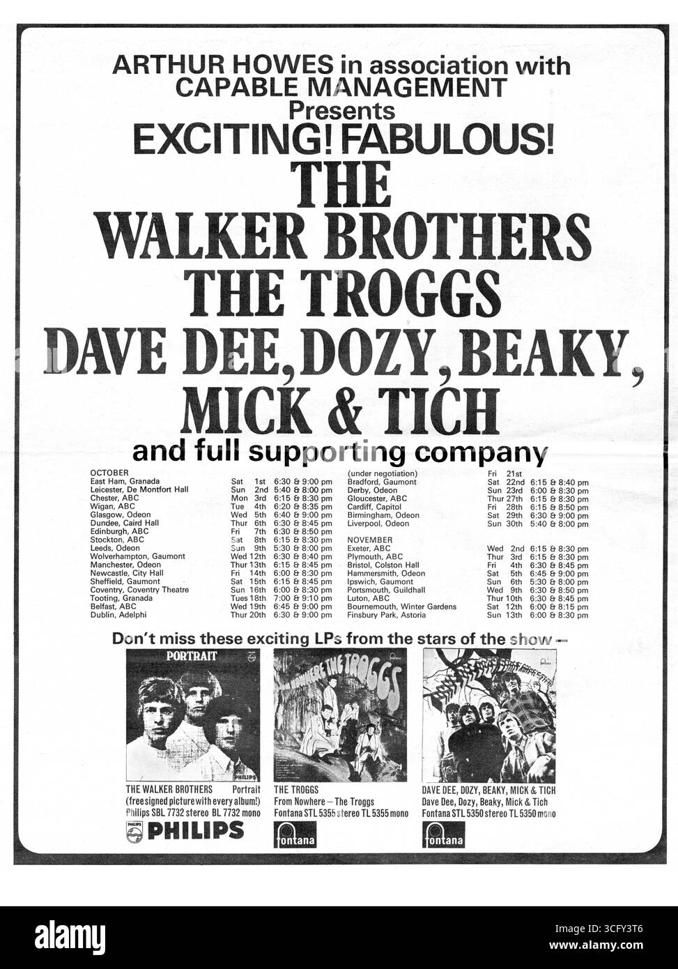 The Walker Brothers Big UK tournée en octobre 1966. Les groupes de soutien incluent The Troggs et Dave Dee, Dozy Beaky Mick et Tich. Deux spectacles par lieu. Cette publicité pleine page est apparue dans la presse musicale britannique et a montré des albums des trois groupes sur Fontana et Philips Banque D'Images