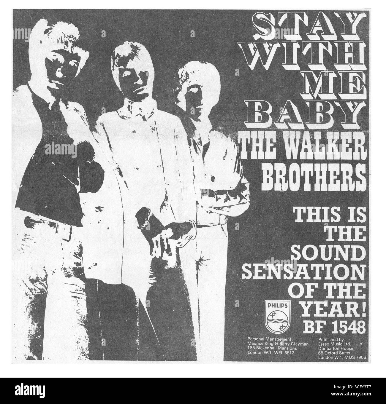 The Walker Brothers Stay with me Baby est sorti en 1966. Etiquette délivrée par Philips. Cette publicité d'affichage carré est apparue dans la presse musicale britannique. Banque D'Images