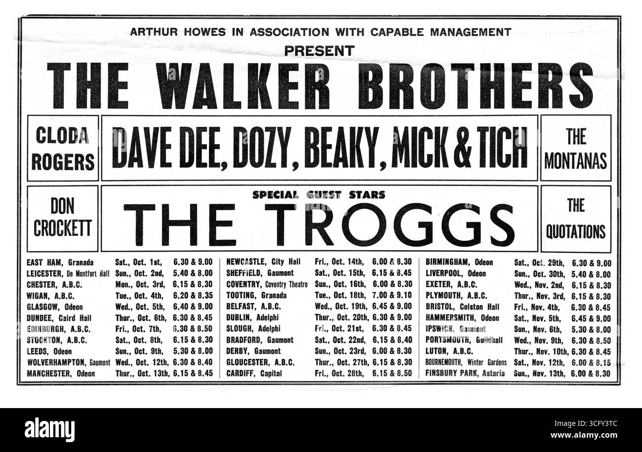 The Walker Brothers Big UK tournée en octobre 1966. Les groupes de soutien incluent les Troggs et Dave Dee, Dozy Beaky Mick et Tich, Clodah Rogers. Deux spectacles par lieu. Cette annonce d'une demi-page est parue dans la presse musicale britannique promoteur Arthur Howes. Banque D'Images