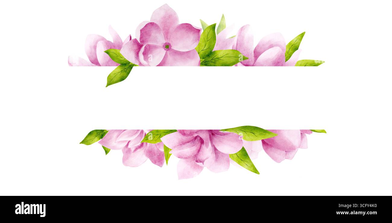 Cadre horizontal avec fleurs et feuilles de magnolia rose. Cadre floral aquarelle pour certificats, invitations et cartes Banque D'Images