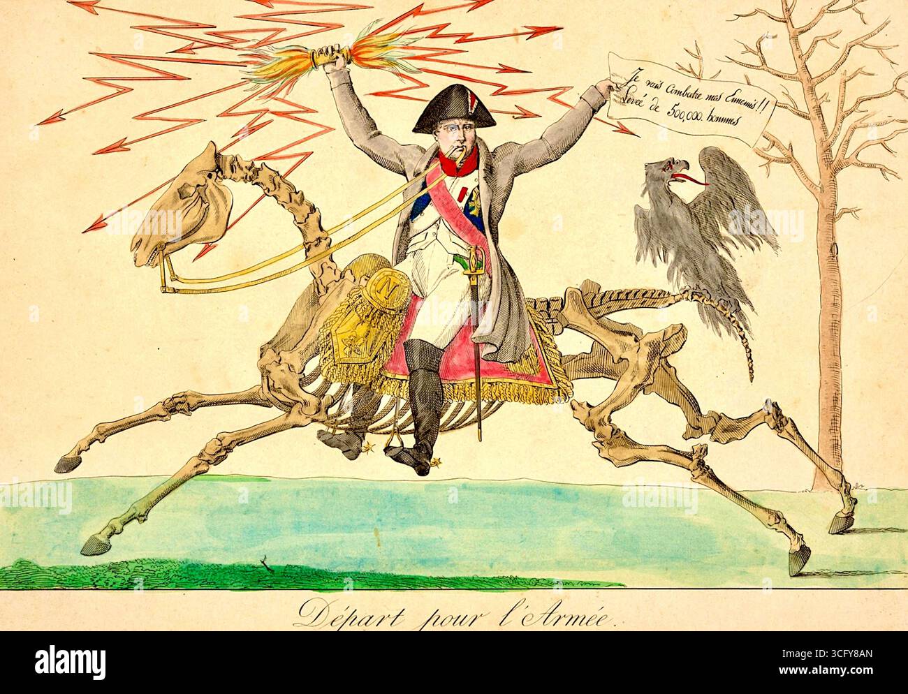 Napoléon Bonaparte comme un guerrier sur un cheval squelettique, symbolisant la fragilité et la transitoires de son pouvoir et de ses efforts militaires - 1814 Banque D'Images