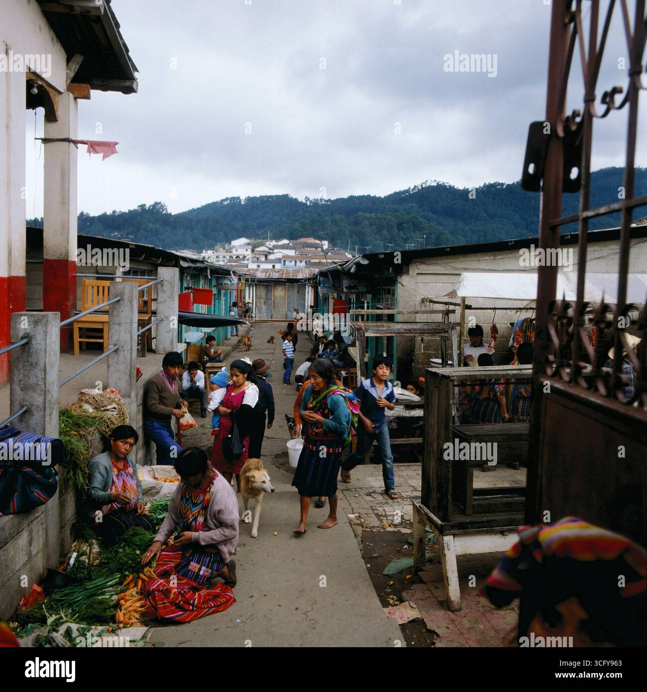 Straßenszene mit Marktfrauen, Kindern und einem Hund in einem einfachen Stadtviertel am Berghang. Guatemala, um 1980. Banque D'Images